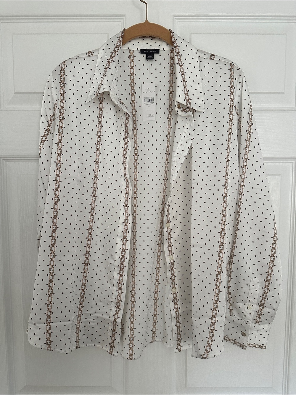 Ann Taylor White Polka Dot Blouse with Tan Chain-Striped Print